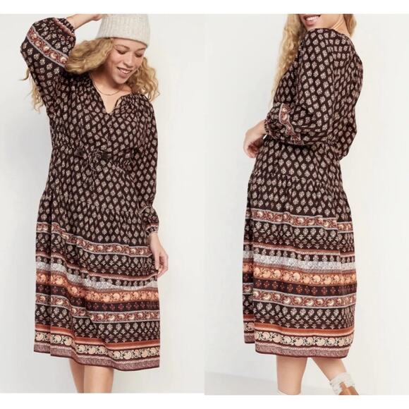 Old Navy Womens Boho Cattagecore Prairie Peasant Ditsy Floral Midi Dress‎ L Tall - Picture 1 of 11